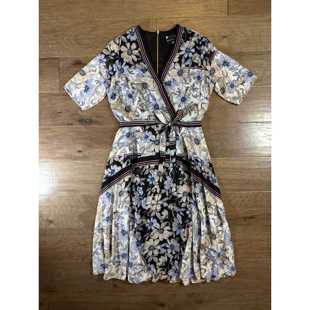 Maison Tara Floral Faux Wrap Midi Dress Blue Black Striped Trim Size 10